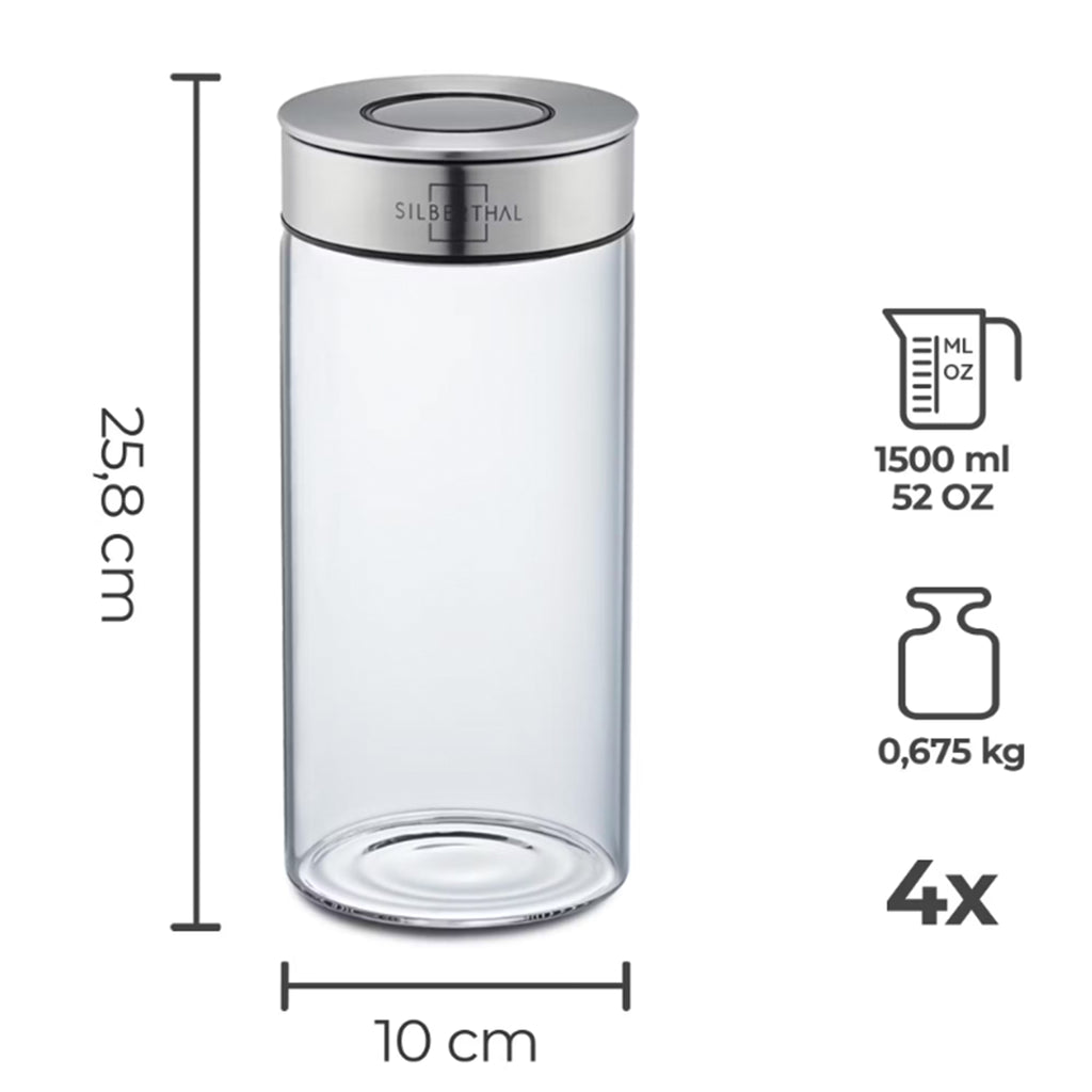 Vorratsglas (1500ml) 4er Set mit luftdichtem Edelstahl-Deckel: Schraubverschluss und Klickmechanismus für optimale Aufbewahrung